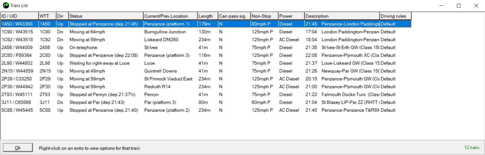 Screenshot of the legacy F2 Train List Windows