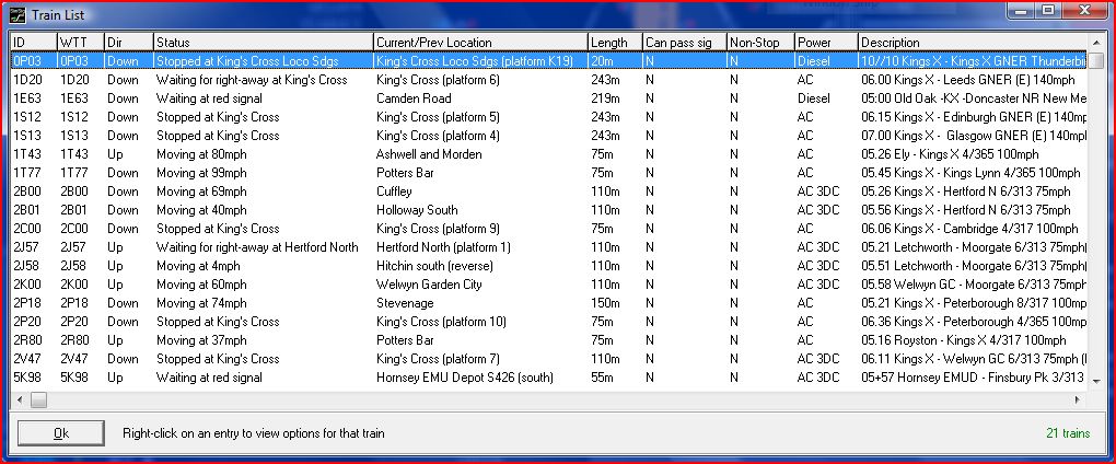 Screenshot of the F2 Train List Windows