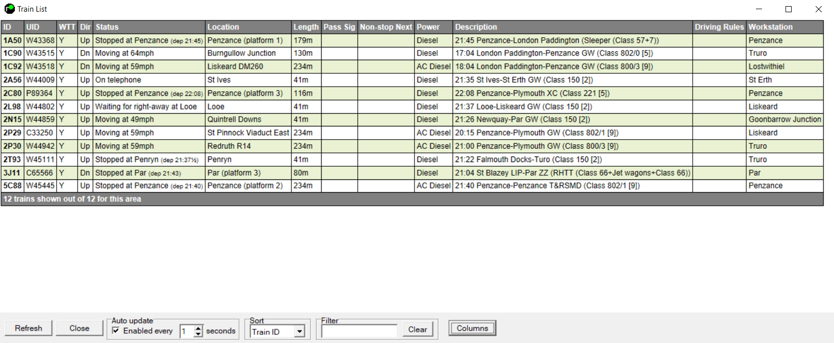 Screenshot of the F2 Train List Windows